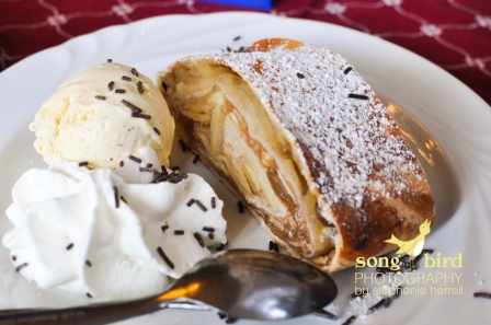 Famous Apple Strudel with vanilla bean ice cream and whipped cream